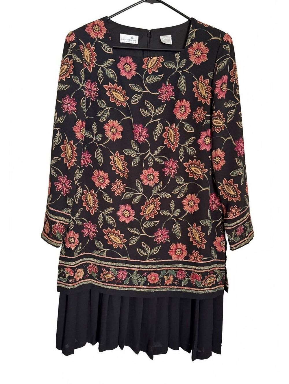 Liz Claiborne Women's Dress Size 10 Black Floral Coquette Cottage Pleated Red